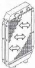 Diagram of a heat exchanger or cooling unit with directional arrows indicating flow or movement (no text or symbols)