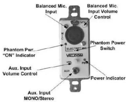 Balanced Mic. Input Balanced Mic. Input Volume Control MIC VOL ELECTRET MDC Phantom Power Switch Valcom VOL PWM Power Indicator Phantom Pwr. "ON" Indicator Aux. Input Volume Control Aux. Input MONO/Stereo