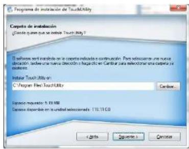 Programa de Instalación de Touch Utility Carpeta de instalación (Doble que que se instalte Touch Utility) D software sent instalde en le carpeta indicada o continuación. Para seleccioner una nueva oblación, desde una nueva dirección a haga de la Caribar para seleccionar una carpeta je existente. Instalte Touch Utility en: C:\Program Files\Touch Utility Exceso requerido: 5.10 MB Exceso disponible en la unidad seleccionado: 176.11 GB < Info > < Stop > < Cancel