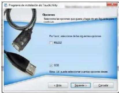 Programa de instalación de Touchability Opciones Señocone las opciones que quera y haga cho en Siguente para cuarta es Por favor, seleccione de las siguientes opciones: RS222 USB Nuta: Ud puede seleccionar cuartas opciones desde: < Byde Siguiente > Cancelar