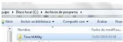 Grupo ▶ Disco local (G:) ▶ Archivos de programa ▶ Abrir Incluir an biblioteca Compartir con Grabar Nue Nombre Fecha de modifica... Touchibility 15/02/2010.03-58