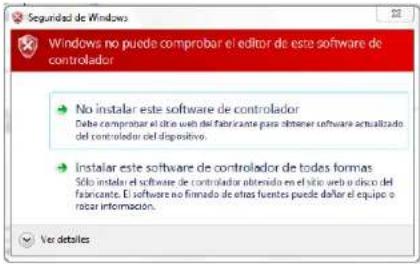 Seguridad de Windows Windows no puede comprobar el editor de este software de controlador No instalar este software de controlador Debe comprobar el día web del fabricante para obtener software actualizado del controlador del dispositivo. Instalar este software de controlador de todas formas Sólo instalar el software de controlador alterada en el sitio web o disco del fabricante. El software no firmado de otras fuentes puede dafar el equipo o rocer información. Ver detalles