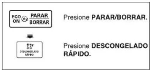 ECO ON® PARAR BORRAR Presione PARAR/BORRAR. **F 0.0 DESCONGELADO RÁPIDO Presione DESCONGELADO RÁPIDO.