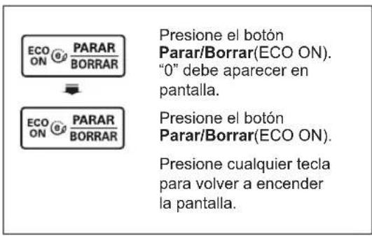 ECO ON @ PARAR BORRAR Presione el botón Parar/Borrar(ECO ON). "0" debe aparecer en pantalla. Presione el botón Parar/Borrar(ECO ON). Presione cualquier tecla para volver a encender la pantalla.