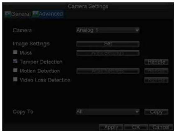 Camera Settings General Advanced Camera Analog 1 Image Settings Set ■ Mask ■ Tamper Detection ■ Motion Detection ■ Video Loss Detection Copy To All Copy Apply OK Cancel