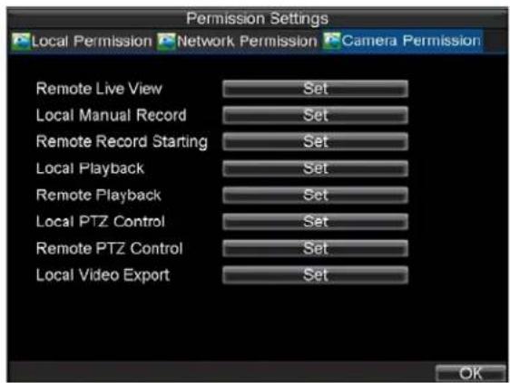 Permission Settings Local Permission Network Permission Camera Permission Remote Live View Set Local Manual Record Set Remote Record Starting Set Local Playback Set Remote Playback Set Local PTZ Control Set Remote PTZ Control Set Local Video Export Set OK