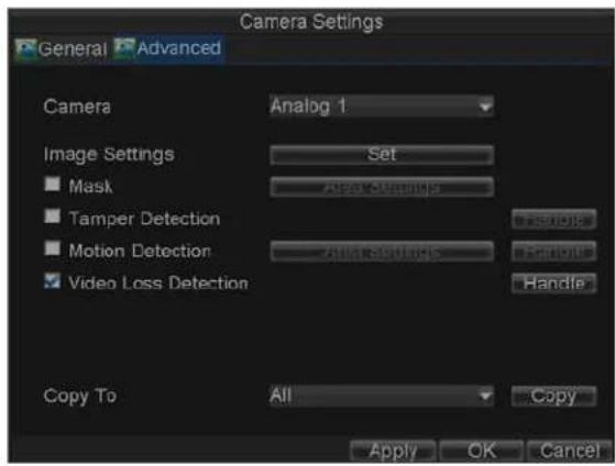 Camera Settings General Advanced Camera Analog 1 Image Settings Set ■ Mask Also Settings ■ Tamper Detection ■ Motion Detection ■ Video Loss Detection Copy To All Copy Apply OK Cancel