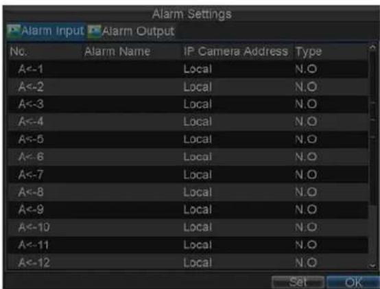 Alarm Settings Alarm Input Alarm Output No. Alarm Name IP Camera Address Type A<-1 Local N.O A<-2 Local N.O A<-3 Local N.O A<-4 Local N.O A<-5 Local N.O A<-6 Local N.O A<-7 Local N.O A<-8 Local N.O A<-9 Local N.O A<-10 Local N.O A<-11 Local N.O A<-12 Local N.O Set OK
