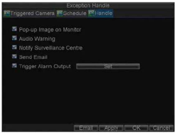 Exception Handle Triggered Camera Schedule Handle ✓ Pop-up Image on Monitor ✓ Audio Warning ✓ Notify Surveillance Centre ✓ Send Email ✓ Trigger Alarm Output Set Email Apply OK Cancel