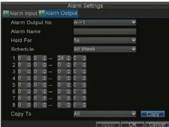 Alarm Settings Alarm Input Alarm Output Alarm Output No. A->1 Alarm Name Hold For 5s Schedule All Week 1 0 0 -- 24 0 2 0 0 -- 0 0 3 0 0 -- 0 0 4 0 0 -- 0 0 5 0 0 -- 0 0 6 0 0 -- 0 0 7 0 0 -- 0 0 8 0 0 -- 0 0 Copy To All Copy 2 Copy OK Cancel