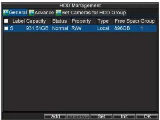 HDD Management General Advance Set Cameras for HDD Group Label Capacity Status Property Type Free Space Group 5 931.51GB Normal RAW Local 896GB 1 Add Remove Set Init OK