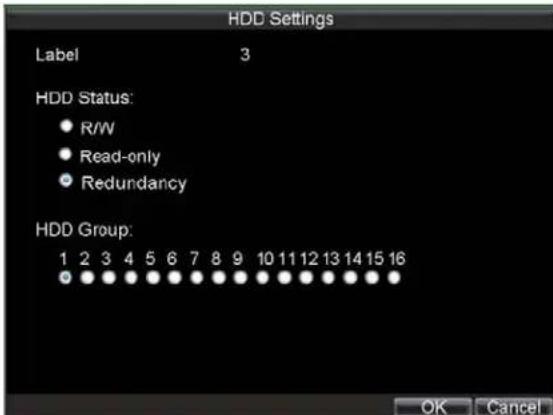 HDD Settings Label 3 HDD Status: ● R/W ● Read-only ● Redundancy HDD Group: 1 2 3 4 5 6 7 8 9 10 11 12 13 14 15 16 OK Cancel