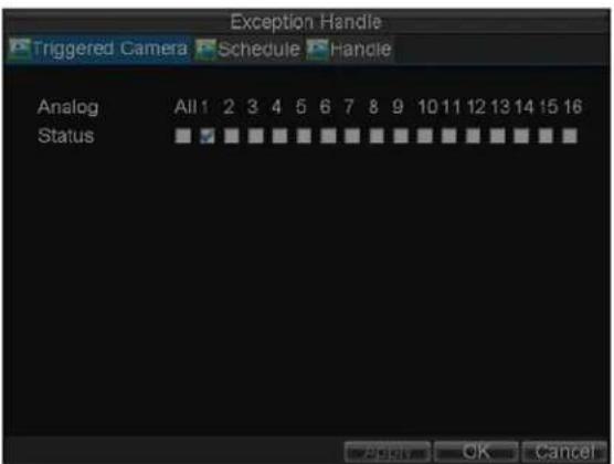 Exception Handle Triggered Camera Schedule Handle Analog All 1 2 3 4 5 6 7 8 9 10 11 12 13 14 15 16 Status Cancel OK Cancel