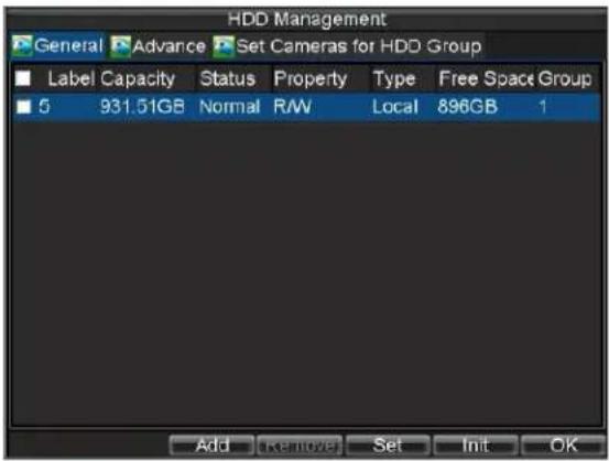 HDD Management General Advance Set Cameras for HDD Group Label Capacity Status Property Type Free Space Group 5 931.51GB Normal R/W Local 896GB 1 Add Remove Set Init OK