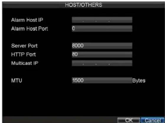 HOST/OTHERS Alarm Host IP Alarm Host Port Server Port HTTP Port Multicast IP MTU 1500 Bytes OK Cancel
