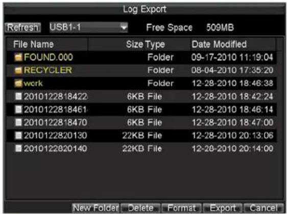 Log Export Refresh USB1-1 Free Space 509MB File Name Size Type Date Modified FOUND.000 Folder 09-17-2010 11:19:04 RECYCLER Folder 08-04-2010 17:35:20 work Folder 12-28-2010 18:46:38 2010122818422 6KB File 12-28-2010 18:42:24 2010122818461 6KB File 12-28-2010 18:46:14 2010122818470 6KB File 12-28-2010 18:47:00 2010122820130 22KB File 12-28-2010 20:13:06 2010122820140 22KB File 12-28-2010 20:14:00 New Folder Delete Format Export Cancel