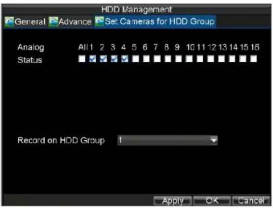 HDD Management General Advance Set Cameras for HDD Group Analog All 1 2 3 4 5 6 7 8 9 10 11 12 13 14 15 16 Status Record on HDD Group 1 Apply OK Cancel