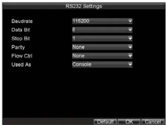 RS232 Settings Baudrate 115200 Data Bit 8 Stop Bit 1 Parity None Flow Ctrl None Used As Console Default OK Cancel