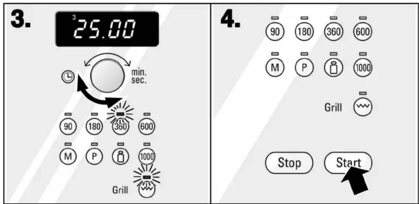 3. 25.00 min. sec. 90 180 360 600 M P 1000 Grill 4. 90 180 360 600 M P 1000 Grill Stop Start