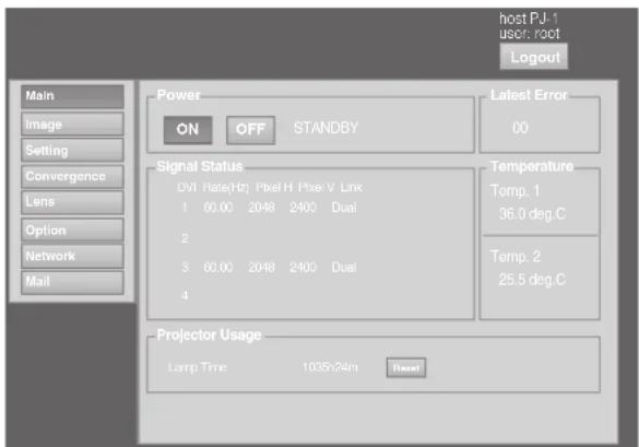 host PJ-1 user: root Logout Main Image Setting Convergence Lens Option Network Mail Power ON OFF STANDBY Latest Error 00 Signal Status DVI Rate[Hz] Pixel H Pixel V Link 1 60.00 2048 2400 Dual 2 3 60.00 2048 2400 Dual 4 Temperature Temp. 1 36.0 deg.C Temp. 2 25.5 deg.C Projector Usage Lamp Time 1035x24m Reset