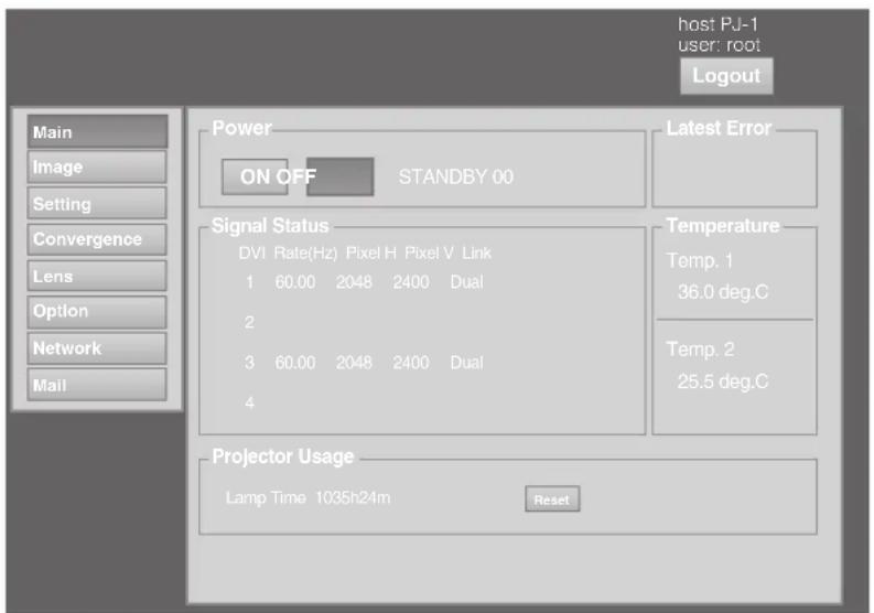 host PJ-1 user: root Logout Power ON OFF STANDBY 00 Latest Error Signal Status DVI Rate(Hz) Pixel H Pixel V Link 1 60.00 2048 2400 Dual 2 3 60.00 2048 2400 Dual 4 Temperature Temp. 1 36.0 deg.C Temp. 2 25.5 deg.C Projector Usage Lamp Time 1035h24m Reset Main Image Setting Convergence Lens Option Network Mail