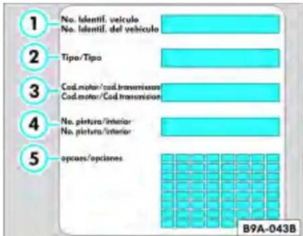 1 No. identif. veiculo No. identif. del vehiculo 2 Tipo/ Tipo 3 Cod.motor/cod.transmissora Cod.motor/Cod.transmission 4 No. pinturo/inferior No. pinturo/inferior 5 opcaes/opciones B9A-043B