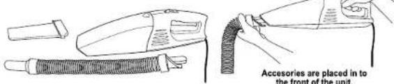 Accessories are placed in to the front of the unit.