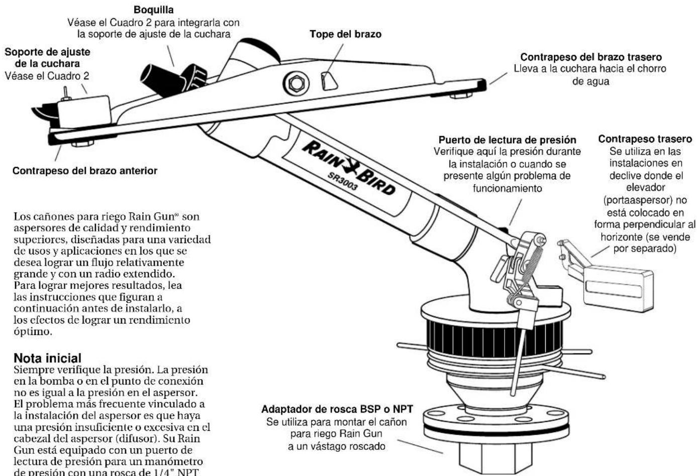 Boquilla Véase el Cuadro 2 para integrarla con la soporte de ajuste de la cuchara Soporte de ajuste de la cuchara Véase el Cuadro 2 Tope del brazo Contrapeso del brazo trasero Lleva a la cuchara hacia el chorro de agua Contrapeso del brazo anterior Puerto de lectura de presión Verifique aquí la presión durante la instalación o cuando se presente algún problema de funcionamiento Contrapeso trasero Se utiliza en las instalaciones en declive donde el elevador (portaaspesor) no está colocado en forma perpendicular al horizonte (se vende por separado) Los cañones para riego Rain Gun® son aspersores de calidad y rendimiento superiores, discñadas para una variedad de usos y aplicaciones en los que se desea lograr un flujo relativamente grande y con un radio extendido. Para lograr mejores resultados, lea las instrucciones que figuran a continuación antes de instalarlo, a los efectos de lograr un rendimiento óptimo. Nota inicial Siempre verifique la presión. La presión en la bomba o en el punto de conexión no es igual a la presión en el aspersor. El problema más frecuente vinculado a la instalación del aspersor es que haya una presión insuficiente o excesiva en el cabezal del aspersor (difusor). Su Rain Gun está equipado con un puerto de lectura de presión para un manómetro de presión con una rosca de 1/4" NPT Adaptador de rosca BSP o NPT Se utiliza para montar el cañon para riego Rain Gun a un vástago roscado