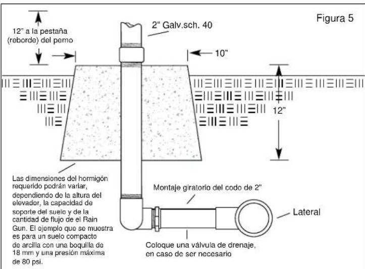 12" a la pestaña (reborde) del pemo 2" Galv.sch. 40 10" 12" Las dimensiones del hormigón requido podrán variar, dependiendo de la altura del elevador, la capacité de soporte del suelo y de la cantidad de flujo de el Rain Gun. El ojemplo que se muestra es para un suelo compacto de arcilla con una boquilla de 18 mm y una presión máxima de 80 psi. Montaje giratorio del codo de 2" Lateral Coloque una válvula de drenaje, en caso de ser necesario Figura 5
