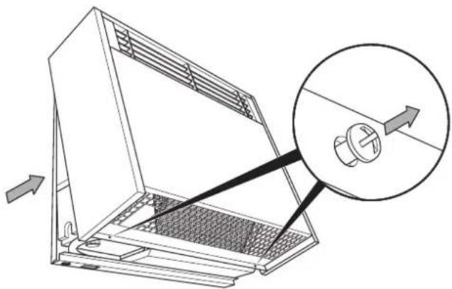 Technical line drawing of a laptop with an inset close-up showing the internal components (no text or symbols)