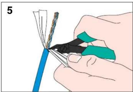 Illustration of a hand holding a blue cable with a black tool inserted, showing the tip and wire (no text or symbols)