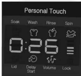 Personal Touch Soak Wash Rinse Spin 0:26 Lid Delay Volume Lock