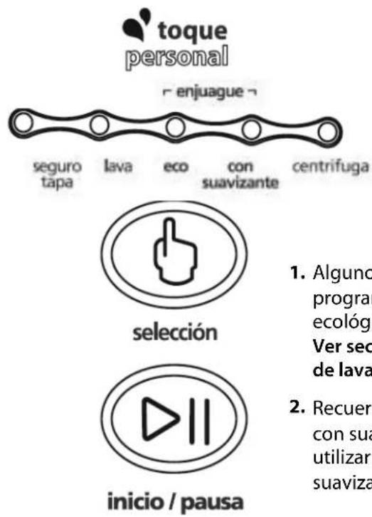toque personal r enjuague r seguro tapa lava eco con suavizante centrifuga selección inicio / pausa 1. Alguno program ecologí Ver sec de lava 2. Recuer con sua utilizar suaviza