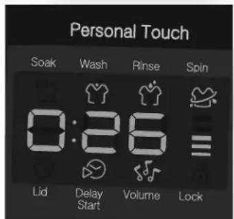 Personal Touch Soak Wash Rinse Spin 0:26 Lid Delay Volume Lock