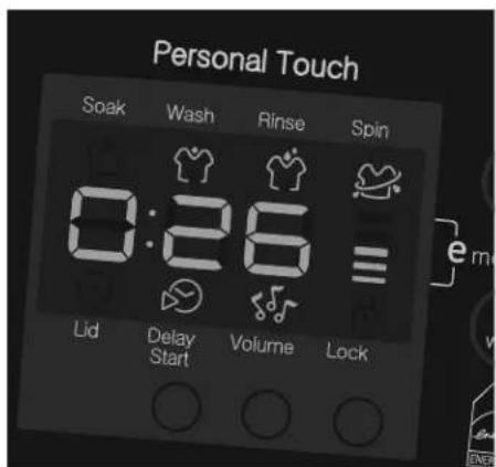 Personal Touch Soak Wash Rinse Spin 0:26 Lid Delay Volume Lock