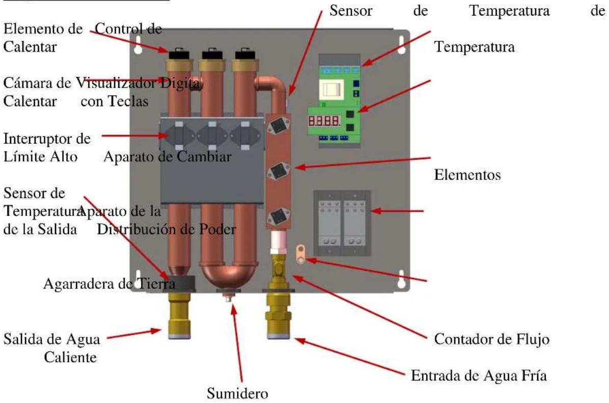 Elemento de Calentar Control de Cámara de Visualizador Digital Calentar con Teclas Interruptor de Límite Alto Aparato de Cambiar Sensor de Temperatura de la Salida Aparato de la Distribución de Poder Agarradera de Tierra Salida de Agua Caliente Sumidero Sensor de Temperatura de la Salida Contador de Flujo Entrada de Agua Fría Elementos Sensor de Temperatura con Teclas Sensora de Temperatura de la Salida Sensora de Temperatura con Teclas Sensora de Temperatura con Teclas