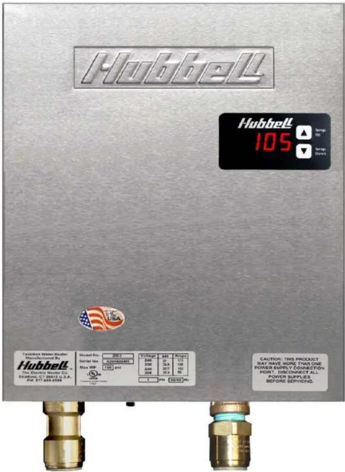 Hubbell Hubbell 105 Screp. ID Screp. Open Tackless Water Heater Manufactured By Hubbell The Electric Heater Co. Stratford, CT 06413 U.S.A. Pte. 277 648-2598 Model No: 200-3 Serial No: 8201600481 Max WIP: 118 Voltage: 240 240 230 220 210 200 190 PH 125/92 MHz CAUTION: THIS PRODUCT MAY HAVE MORE THAN ONE POWER SUPPLY CONNECTION POINT: DISCONNECT ALL POWER SUPPLIES BEFORE SERVicing.