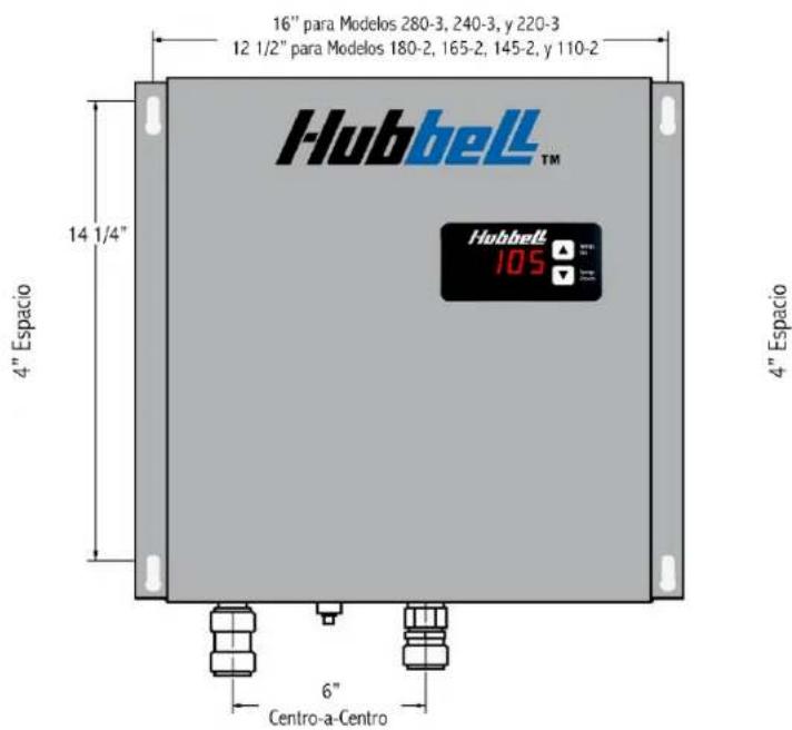 16" para Modelos 280-3, 240-3, y 220-3 12 1/2" para Modelos 180-2, 165-2, 145-2, y 110-2 Hubbell™ Hubbell 105 4" Espacio 14 1/4" 6" Centro-a-Centro 4" Espacio