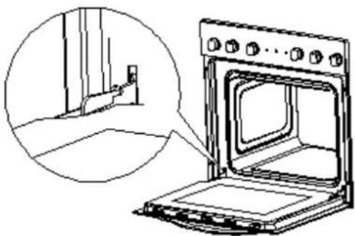 Line drawing of an oven with a close-up inset showing the door and vent (no text or symbols)