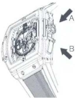 Technical diagram of a mechanical device with labeled parts A and B, showing internal components and directional arrows.
