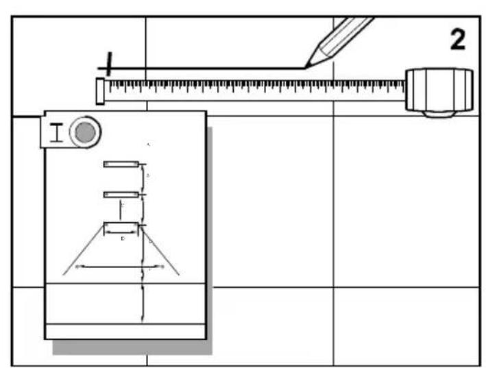 Technical diagram showing a measuring instrument setup with labeled components and measurement markings