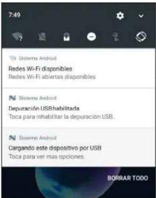 7:49 Sistema Android Redes Wi-Fi disponibles Redes Wi-Fi abiertas disponibles Sistema Android Depuración USBhabilitada Toca para inhabitar la depuración USB. Sistema Android Cargando este dispositivo por USB Toca para ver más opciones.