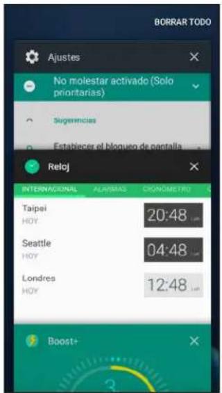 BORRAR TODO Ajustes No molestar activado (Solo prioritarias) Sugenerias Estabiecer el bloqueo de pantalla Reloj INTERNACIONAL ALEJIMAS CRANO-METRO Taipei HOY 20:48 Seattle HOY 04:48 Londres HOY 12:48 Boost+
