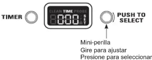 TIMER CLEAN TIME PROBE 8:00 SET PUSH TO SELECT Mini-perilla Gire para ajustar Presione para seleccionar