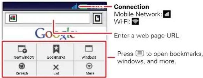 Connection Mobile Network: Wi-Fi: Enter a web page URL. Press to open bookmarks, windows, and more.