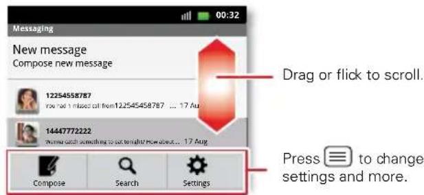 Messaging New message Compose new message 12254558767 You had I missed call from122545458767 ... 17 Aug 1444777222 Write click something to exit tonight? How about... 17 Aug Compose Search Settings Drag or flick to scroll. Press → to change settings and more.