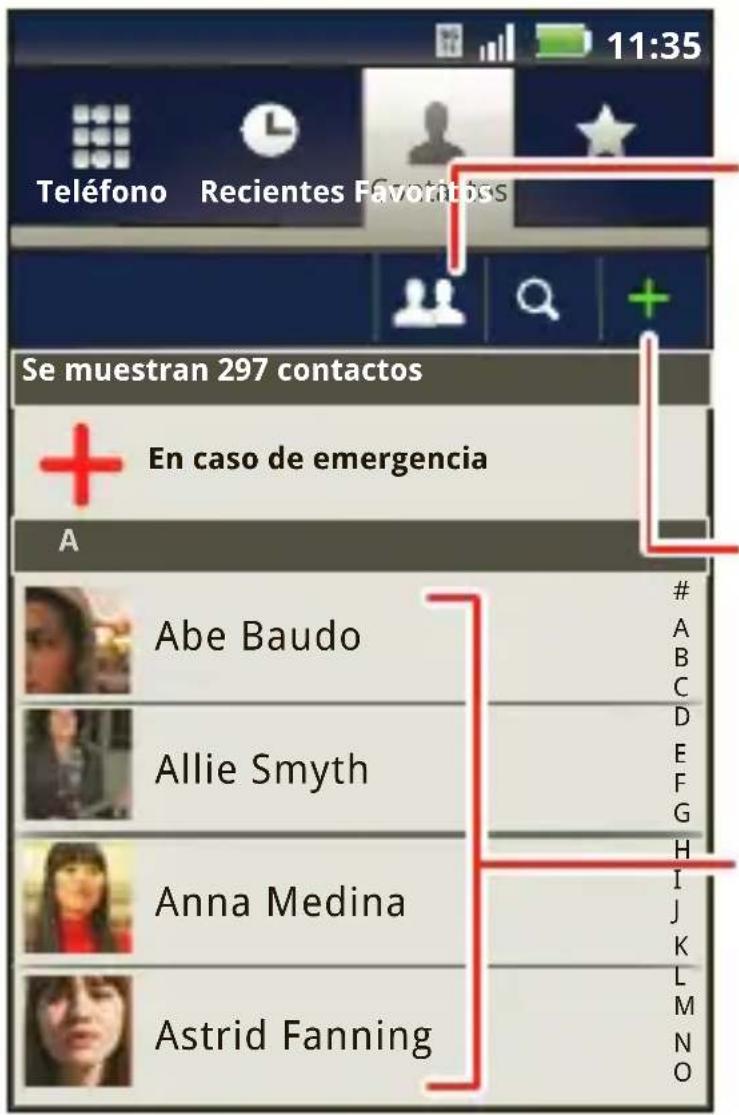 Teléfono Recientes Favoráss 11:35 Se muestran 297 contactos En caso de emergencia A Abe Baudo Allie Smyth Anna Medina Astrid Fanning # A B C D E F G H I J K L M N O