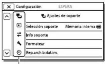 Configuración ESPERA Ajustes de soporte Selección soporte Memoria interna Info soporte Formatear Rep.arch.b.dat.im.