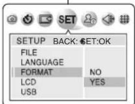 SET BACK: SET:OK FILE LANGUAGE FORMAT NO LCD YES USB