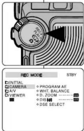 REC MODE STBY □ INITIAL □ CAMERA □ A/V □ VIEWER ■ ◇ PROGRAM AE ◇ WHT. BALANCE ◇ D. ZOOM ...... ◇ DIS N ...... ◇ DSE SELECT